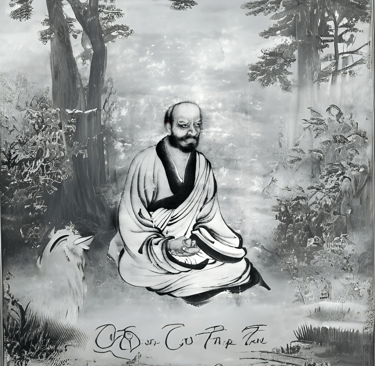 El maestro zen Rinzai Gigen sentado en el bosque meditando