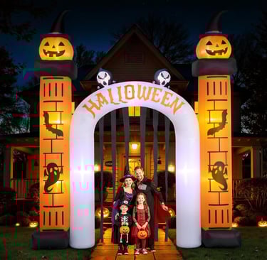 12' inflatable pumpkin arch at night