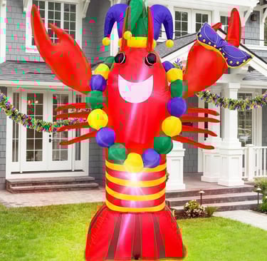 6 Ft Mardi Gras Decoration Inflatable Lobster with Crown Mask Necklace Built-in LED Lights, Purple G