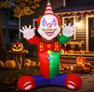 Giant inflatable Halloween clown at night.