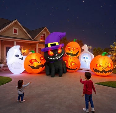 8FT Halloween Inflatable Outdoor Decoration ，Black Cat Pumpkin Inflatable with Built-in LED Lights, 