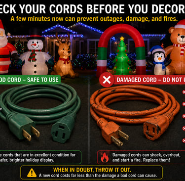 A holiday inflatable display with two extension cords side-by-side, one good one worn