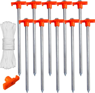 ABCCANOPY 11 Inch Tent Stakes 10 Pcs Non-Rust Metal Ground Anchors, Heavy Duty Spikes with 4 Ropes f