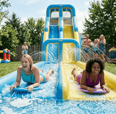 adult women sliding down a large inflatable water slide at a backyard party