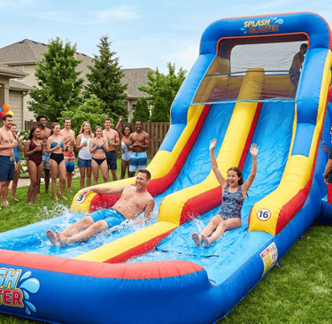 adults enjoying water slide