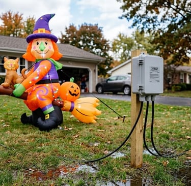 An inflatable yard display with cord boxes elevated on stakes, away from puddles.