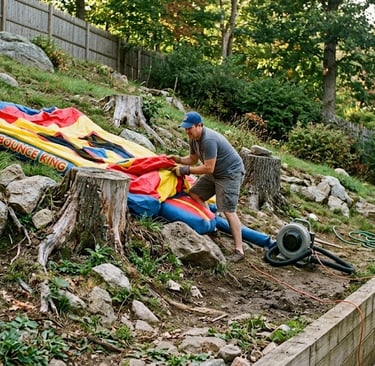 backyard with rocks, stumps, steep slope with parent trying to setup a bounce house