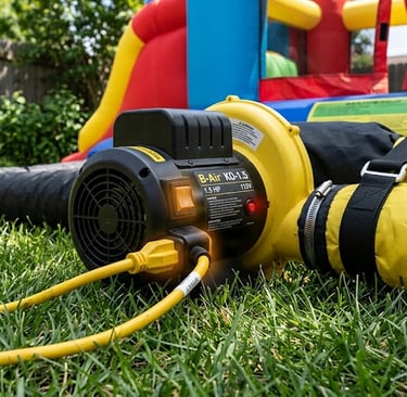 Bounce house blower connected to power outlet during troubleshooting inspection.