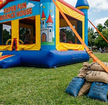 bounce house tethered with stakes and sandbags