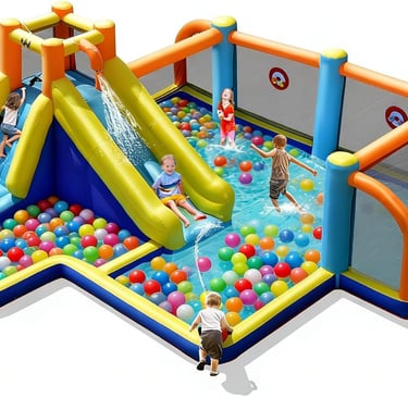 BOUNTECH Inflatable Water Slide, Kids Water Park Jump Castle Water Soccer with Dual Cannons, Splash 