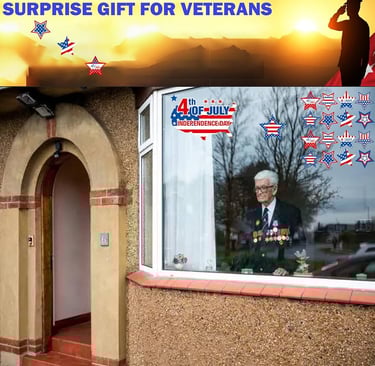 storefront window decorated with patriotic window clings
