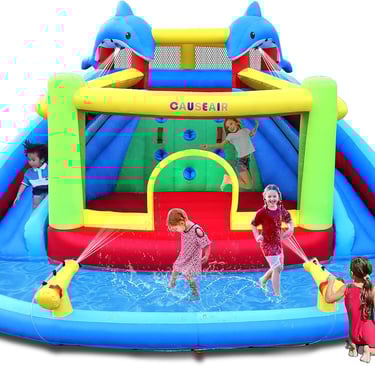 Causeair Inflatable Bounce House with Slide,Dolphin Styling,Splashing Pool,Double Water Cannon,Climb