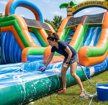 woman cleaning inflatable slide
