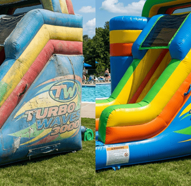 close‑up of a faded inflatable water slide next to a newer, vibrant one