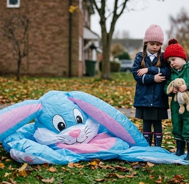 deflated bunny decoration needing to be repaired