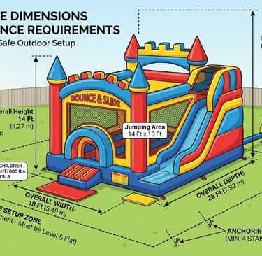 Diagram showing bounce house dimensions and clearance requirements