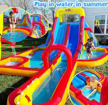 Inflatable water slide with splash pool and backyard sprinkler for kids summer outdoor play.
