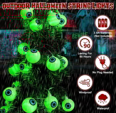 Eyeball Halloween String Lights With Timer Remote Battery Operated
