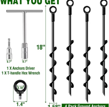 Fabulas Ground Anchors Screw in, 18 Inch 4 Pack Spiral Swing Set Trampoline Earth Anchor Heavy Duty