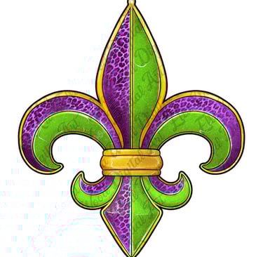 purple, green, and gold Fleur-de-Lis