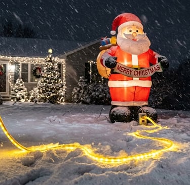 golden glowing outdoor extension cord in snow plugged into inflatable Santa in snowstorm