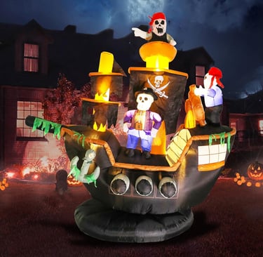 Inflatable pirate ghost ship at night.