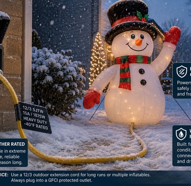 Heavy-duty outdoor extension cord powering Christmas inflatable in snowy winter conditions
