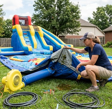 parent inspecting an inflatable water slide for wear and tear in the backyard