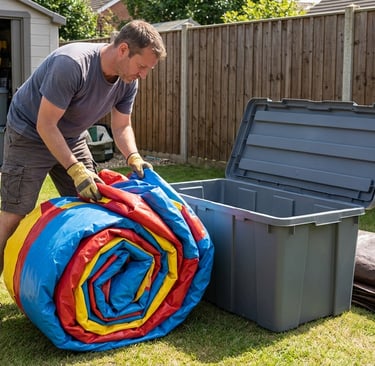 homeowner packing away inflatable slide in storage container