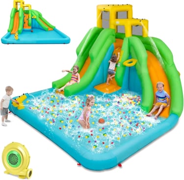 HONEY JOY Inflatable Water Slide, 6 in 1 Kids Bouncer Water Park w&amp;amp;amp;#x2F;Climbing Wall &amp;amp;amp;amp; 2 Long Slides, Sp