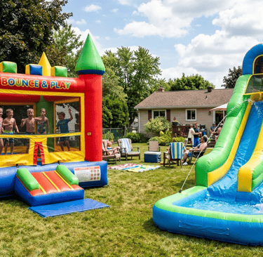 inflatable bounce house on one side, inflatable water slide on the other