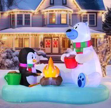 Inflatable Polar Bear and Penguin with Campfire Decoration, Blow Up Yard Decoration 