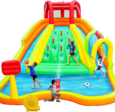 Inflatable Water Double Slides Park, Bounce House with Arched Water Gun Spray, Jumping Castle with A