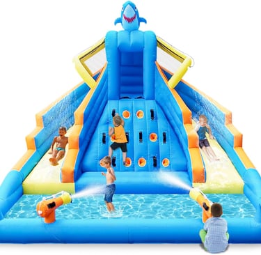 Inflatable Water Slide, 13FT Shark-Themed Large Bounce House with Dual Slides, Climbing Wall, Deep P