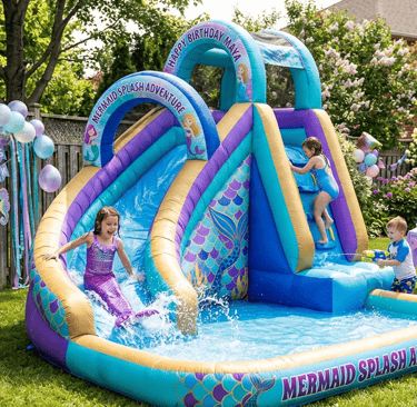 inflatable water slide in a backyard with mermaid decorations in yard and small children