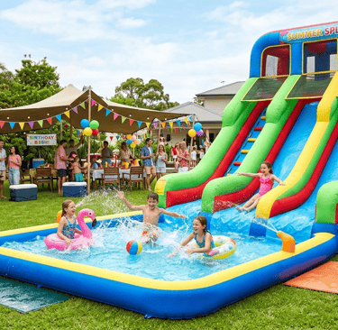 inflatable water slide with a large splash pool set up for a backyard party