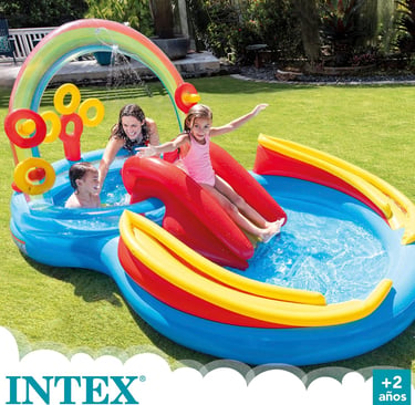 Intex 57453EP 9.75 Foot x 6.3 Foot x 53 Inch Multicolor Rainbow Slide Kids Inflatable Pool 