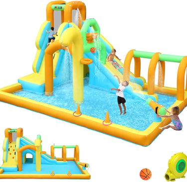 JOYMOR 10-in-1 Inflatable Water Slide Bounce House w&amp;amp;amp;#x2F;Water Bucket, Tunnel, Water Cannon, Basketball 