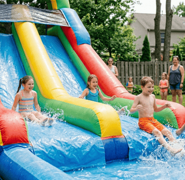 kids racing down a dual‑lane inflatable water slide in a backyard