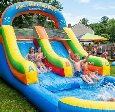 kids racing down a dual‑lane inflatable water slide in a backyard