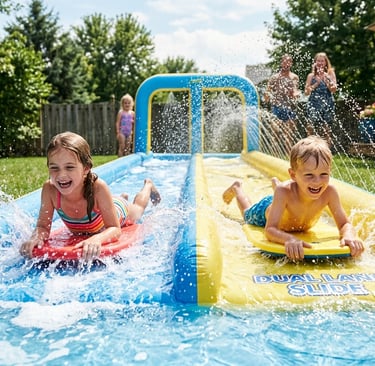 kids racing down a dual‑lane slip and slide on a sunny day