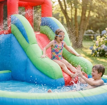 kids sliding down a backyard inflatable water slide on a sunny day
