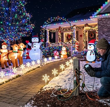 Large outdoor holiday display featuring multiple inflatables, LED lights, pathway lighting, and a ho