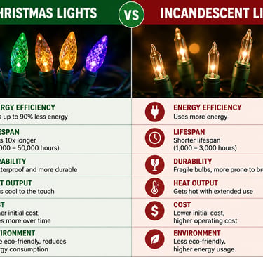 LED Christmas lights vs incandescent lights. Image is a comparison