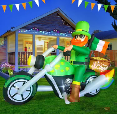 Inflatable Leprechaun on motorcycle 