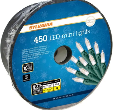 string of Christmas lights with energy ratings on label