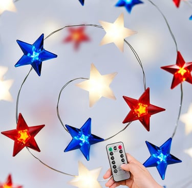 red, white, and blue outdoor light string