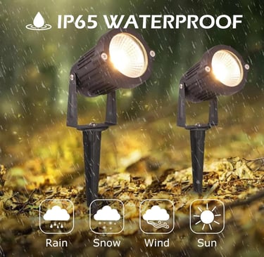 Two IP65 waterproof outdoor LED spotlights with ground stakes illuminating a garden in the rain.
