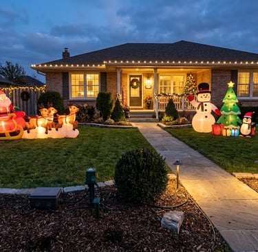 A beautifully organized front yard featuring multiple Christmas inflatables,