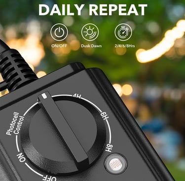 Outdoor Light Timer with Dusk to Dawn Sensor, Weatherproof Dual Grounded Outlets